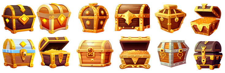 set vector illustration of ui treasure chest with gold precious stone isolated on white background - obrazy, fototapety, plakaty