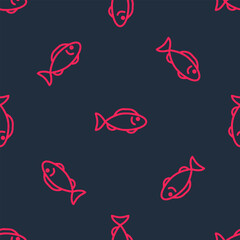 Red line Fish icon isolated seamless pattern on black background. Vector