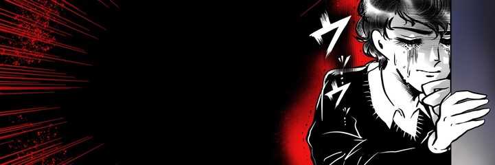 70年代少女漫画イケメンが壁の隙間から何かを目撃し大泣きするワイドサイズイラスト
