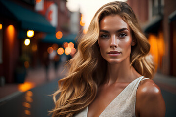 Gorgeous young woman with tanned glowing face and cleavage on city street background. Full volume hairstyle. Generative AI