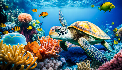 Colorful tropical fish and turtle life in the coral reef, animals of the underwater sea world, Generative AI - obrazy, fototapety, plakaty