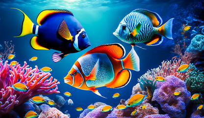 Colorful tropical fish life in the coral reef, animals of the underwater sea world, Generative AI