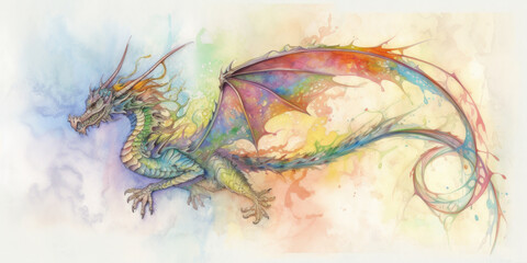 Obraz na płótnie Canvas A Rainbow dragon, with wings and horns. Fantasy and fairy tale feel. Ink and watercolor drawing, generative AI.