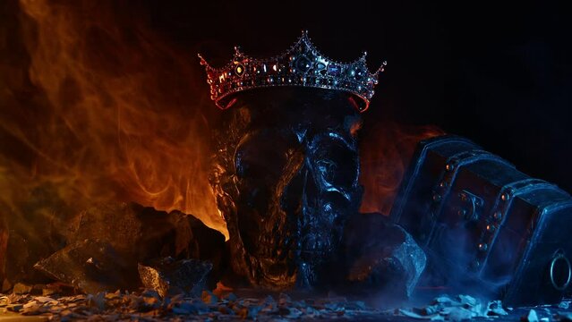 A golden crown with skull a dark background. Fantastic and fabulous plot. Panoramic view of the fog. Layout for your logo. A horizontal banner with a place to copy the cover image.