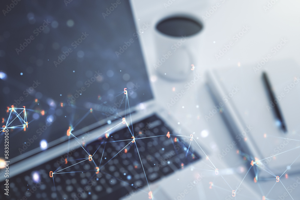 Poster creative abstract wireless technology hologram on modern computer background, artificial intelligenc