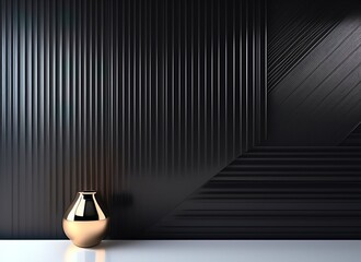 A beautiful black empty textured wall and a golden vase on a smooth floor. Interior background for presentation, AI generated.
