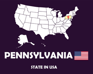 Pennsylvania state of USA text design with America flag and white silhouette map.