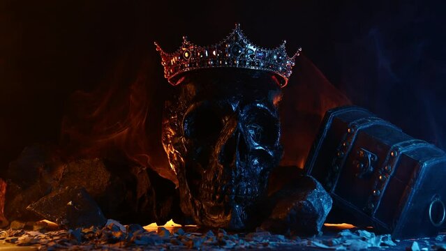 A golden crown with skull a dark background. Fantastic and fabulous plot. Panoramic view of the fog. Layout for your logo. A horizontal banner with a place to copy the cover image.