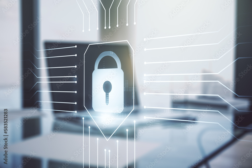 Poster double exposure of creative lock hologram with chip on laptop background. information security conce