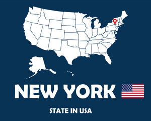 Fototapeta na wymiar New York state of USA text design with America flag and white silhouette map.