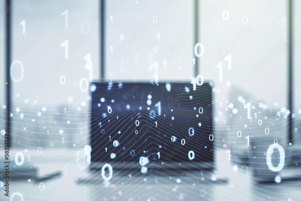 Poster creative concept of binary code illustration on modern laptop background. big data and coding concep