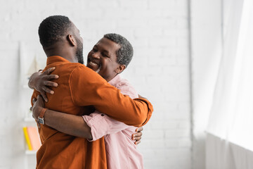 Carefree african american man hugging adult son at home. - obrazy, fototapety, plakaty