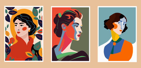 Set of vector illustrations in trendy flat style. Abstract portraits of beautiful women.