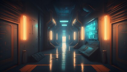 Futuristic cyberpunk long hallway with colored neon lights. Generative AI