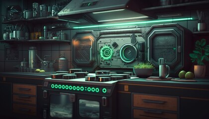 Futuristic cyberpunk kitchen interior with metal walls,  cabinet and neon lights. Generative AI