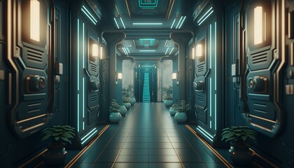 Obraz premium Futuristic cyberpunk long hallway with colored neon lights. Generative AI