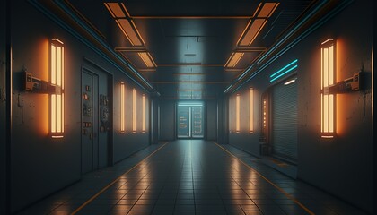 Futuristic cyberpunk long hallway with colored neon lights. Generative AI