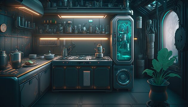 Futuristic cyberpunk kitchen interior with metal walls,  cabinet and neon lights. Generative AI