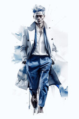 Stylish handsome man in fashion clothes. Fashion man. Hand drawn male model.