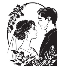 Wedding, young couple of lovers, just married black vector stencil template for laser cnc cutting.
