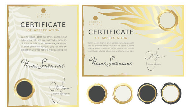 Blank for certificate or diploma with golden brush strokes. Vector illustration, set of backgrounds with gold strokes and leaves. - Powered by Adobe