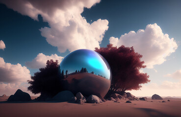Photo of a surreal landscape with a giant blue sphere hovering over a lush forested island
