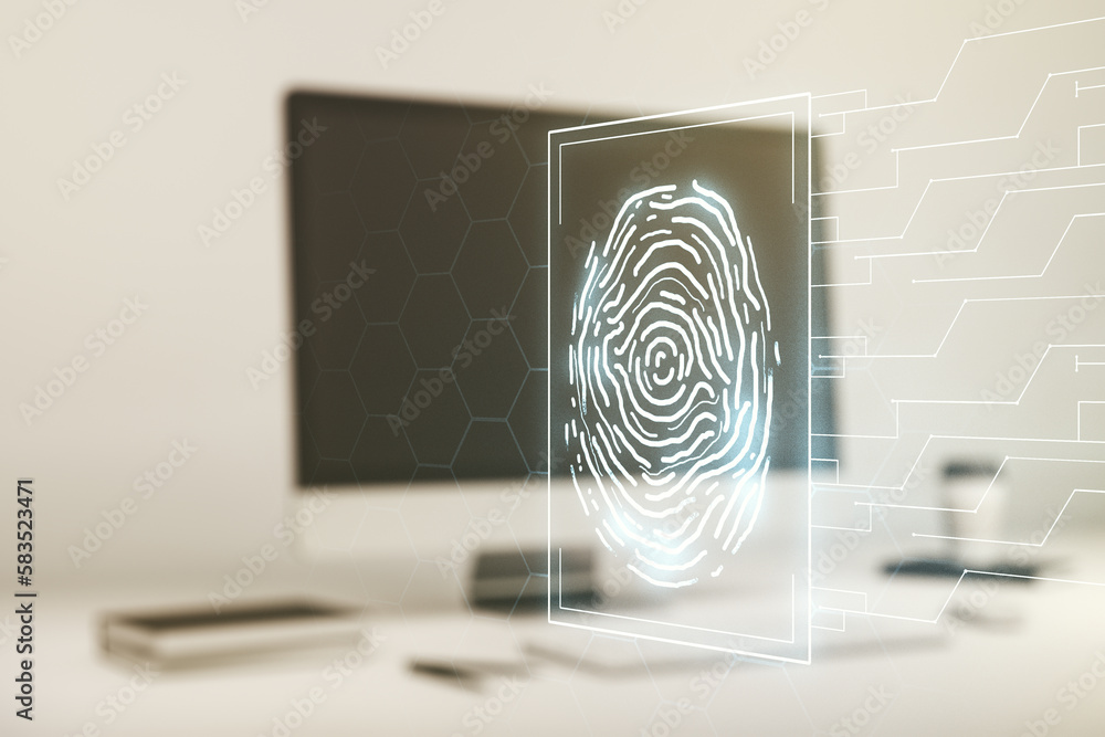 Aufkleber Multi exposure of abstract fingerprint scan interface on computer background, digital access concept