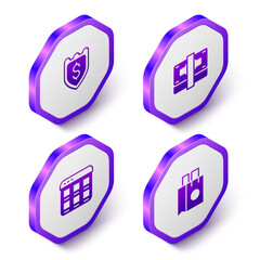 Set Isometric Shield with dollar, Stacks paper money cash, Online shopping screen and Paper bag icon. Purple hexagon button. Vector