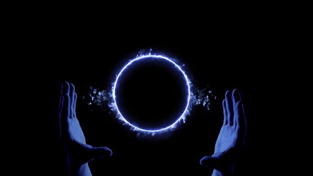 Energy sphere in hands. Magic ball predictions. Mysterious composition. Fortune teller, mind power, prediction, halloween concept. Wide angle horizontal wallpaper or web banner. Mockup for your logo.