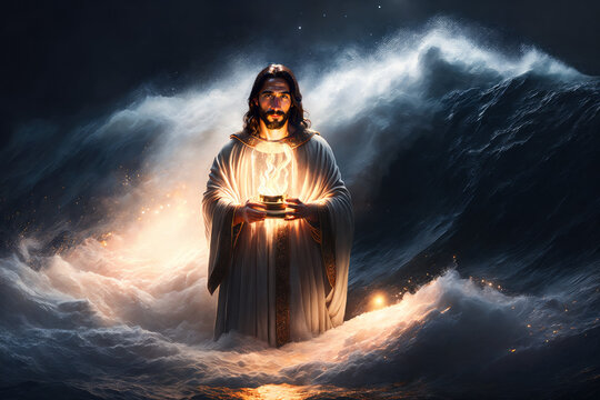 Jesus holding lantern amid stormy seas.