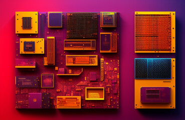 Photo of electronic components arranged on a vibrant red background