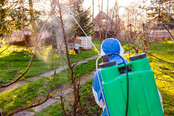 Back view on gardener in protective overall sprinkles fruit trees with long sprayer in orchard