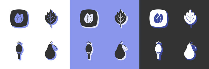 Set Pear, Leaf, Opium poppy and icon. Vector