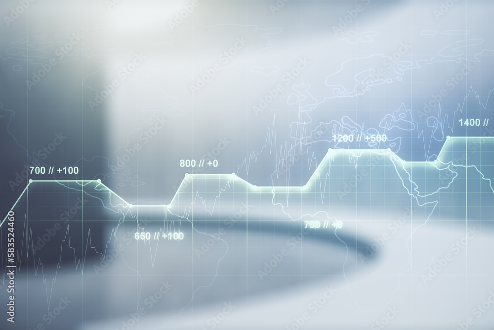 Poster multi exposure of creative statistics data hologram on empty modern office background, stats and ana