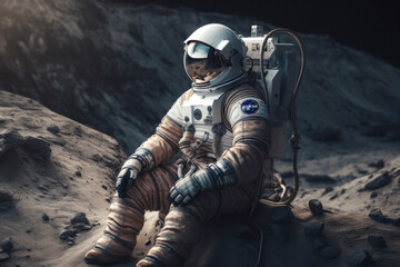 Astronaut Relaxing in Space: Embark on a Science Fiction Adventure with Lone Explorer in Blue Space Suit Sitting on Moon Rock Chair, Gazing at Planet and Stars Futuristic Technology Illustration