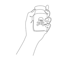 Continuous one line drawing of hand holding poison in bottle. Bottle of poison line art vector illustration.