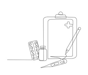Continuous one line drawing of medicine prescription. Clipboard with recipe bottle with thermometer and pills pharmacy care line art vector illustration.