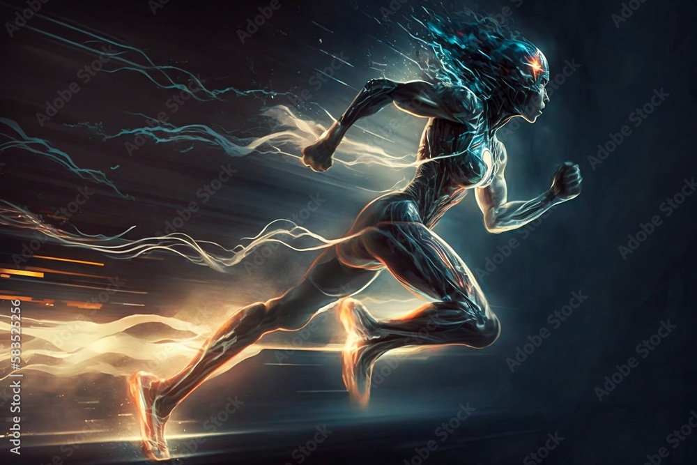Poster a fast running runner leaves behind a speed light. generative ai