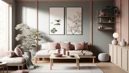 Japandi interior style living room with sofa and coffee table. Generative AI