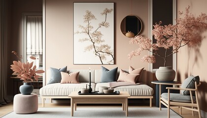 Japandi style pink powder colored living room interior with sofa and coffee table. Generative AI