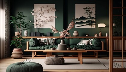 Japandi style green colored living room interior with sofa and coffee table. Generative AI
