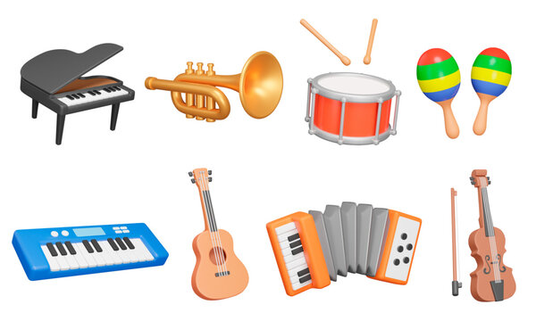 Musical instruments 3d icon set. Classic and modern, for amateurs and professionals. Piano, trumpet, drum, maracas, synthesizer, guitar, accordion, violin, Isolated objects on transparent background