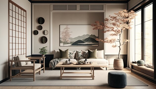 Japandi interior style living room with sofa and coffee table. Generative AI