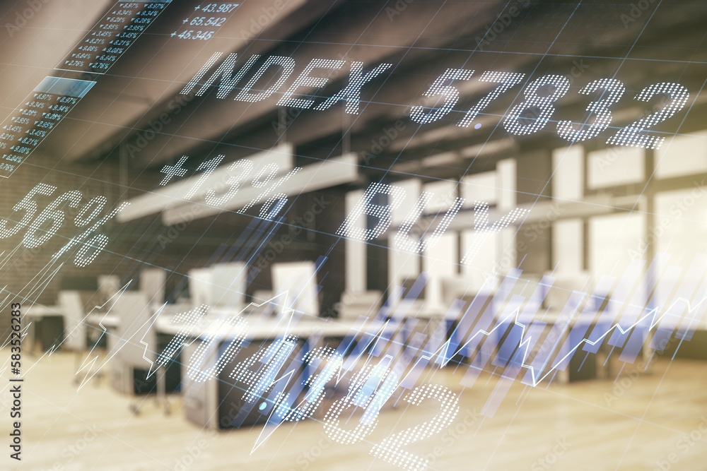 Aufkleber multi exposure of virtual abstract financial graph interface on a modern furnished classroom backgro