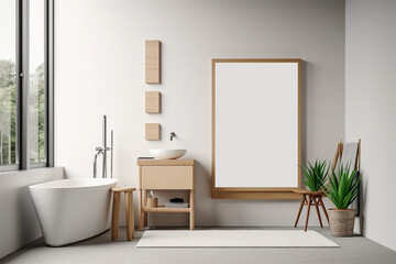 Fototapeta na wymiar Mockup of a blank poster in a minimalist bathroom with a neutral color palette, blank poster mockup for modern and elegant decor