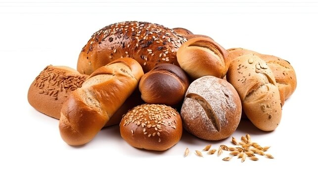 Composition with breads isolated on white table. Generative AI