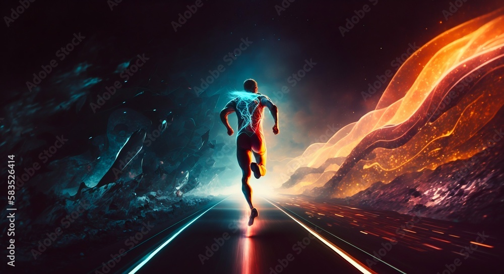 Poster a fast running runner leaves behind a speed light. generative ai