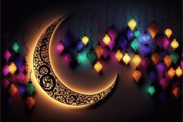 shiny crescent banner perfect for ramadan decoration of home generative ai - obrazy, fototapety, plakaty