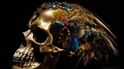 Fototapeta na wymiar Gold painted dead skeleton king skull, adorned with precious gemstones and beads of diamonds, turquoise and amber with exotic feathers crown, closeup view - generative AI