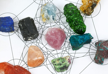 Close up of Crystals healing 7 chakras aligned, Merkaba, Metatron’s Cube sacred geometry space...